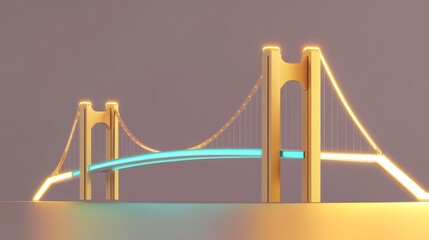 Obraz premium A stylized digital illustration of a golden suspension bridge with glowing accents, set against a soft background.