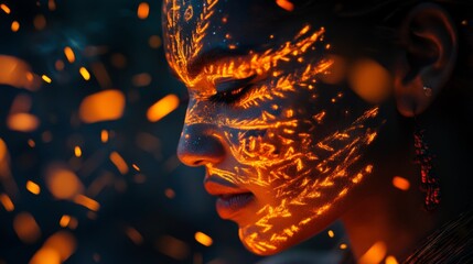 Woman's face with glowing orange paint, embers.