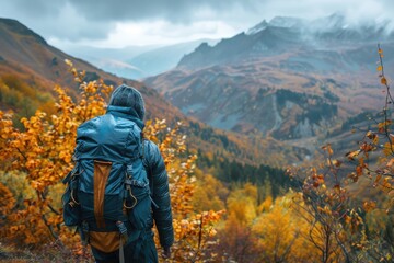 Naklejka premium Hiker overlooking autumn landscape with mountains and colorful foliage in the background