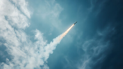 A rocket contrail in the sky, leaving a white streak as it ascends into space.

