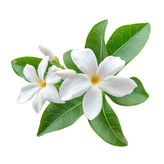 white plumeria flowers with green leaves on white background