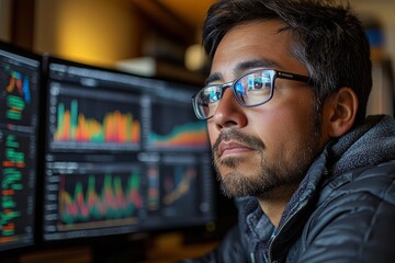 A professional analyzing data on multiple monitors, with statistical models and charts displayed. Generative AI