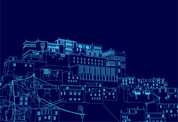 Blue drawing of a cityscape with a large building in the center. The drawing is in blue and has a moody, almost surreal feel to it
