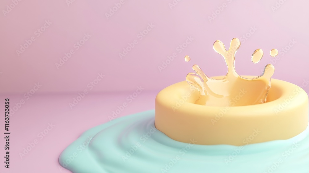 Aufkleber a soft yellow donut-shaped object sits on a light blue surface, creating a splash effect in a pastel