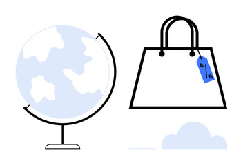 Globe next to a shopping bag with blue price tag, representing international shopping, e-commerce, global trade. Ideal for concepts of global economy, online business, travel, retail, logistics