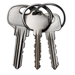 three silver keys on ring isolated on white background