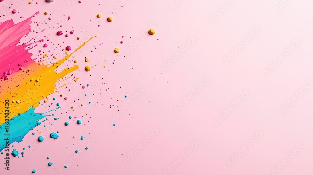 Poster splatter abstract background concept. colorful paint splashes on a soft pink background create a vib