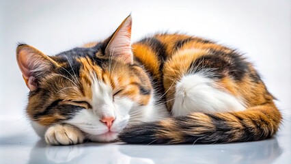 Fototapeta premium Sleeping Calico Cat in Long Exposure on White Background for Pet Lovers and Cat Enthusiasts