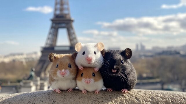 Four cute rodents posed in front of iconic eiffel tower in paris