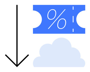 Downward arrow points to a percentage coupon above a cloud. Ideal for sales promotions, discounts, online shopping, cloud computing, storage, analytics, marketing campaigns. Abstract line flat