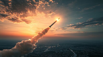Obraz premium Missile launch targeting a city. A representation of war, military conflict, and destruction.