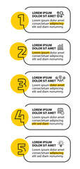 5 steps infographic template with 5 options. Flowchart that can be used for business report, data visualization and presentation. Timeline infographic elements vector illustration.