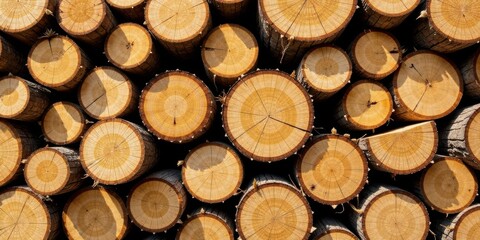 A dense stack of neatly arranged tree cross-sections, showcasing the intricate wood grain and natural concentric rings
