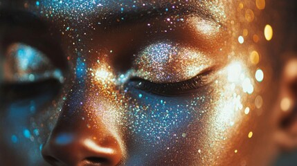 Close-up of a person's face adorned with glittering makeup, eyes closed.