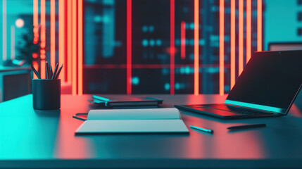 modern office desk setup with open notebooks and laptop, illuminated by vibrant neon lights, creating futuristic and dynamic atmosphere