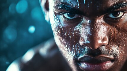 Close-up portrait of a determined, sweaty athlete.