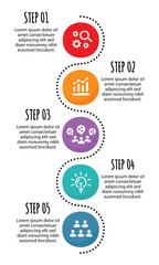 5 steps infographic template with 5 options. Flowchart that can be used for business report, data visualization and presentation. Timeline infographic elements vector illustration.
