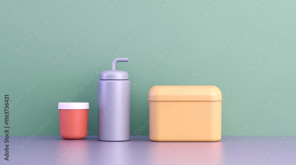 Poster a minimalist display of colorful containers on a gray surface against a green background, featuring 