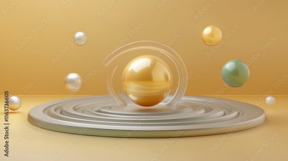 Poster a vibrant composition featuring floating spheres of various colors on a textured surface against a g