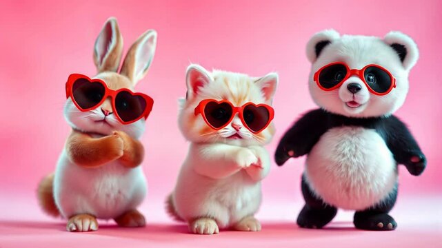 A dancing cat, bunny, and panda wearing red heart-shaped sunglasses dancing. The background features floating hearts, creating a fun, playful, and cute atmosphere