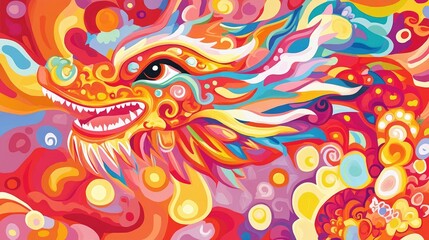 A vibrant, abstract dragon illustration filled with swirling colors and intricate patterns.