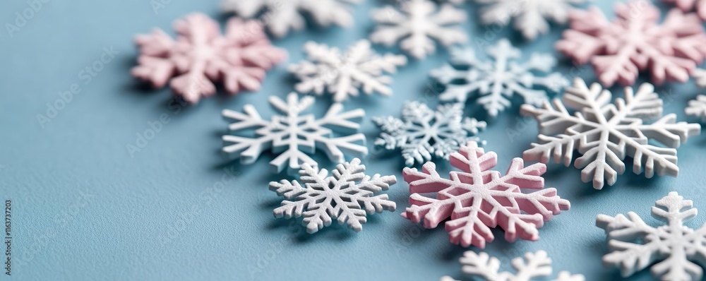 Poster snowflake abstract background concept. colorful snowflakes arranged on a blue background, adding a f