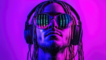 Stylish man with dreadlocks wearing headphones and LED glasses, illuminated by vibrant purple and pink neon lights.