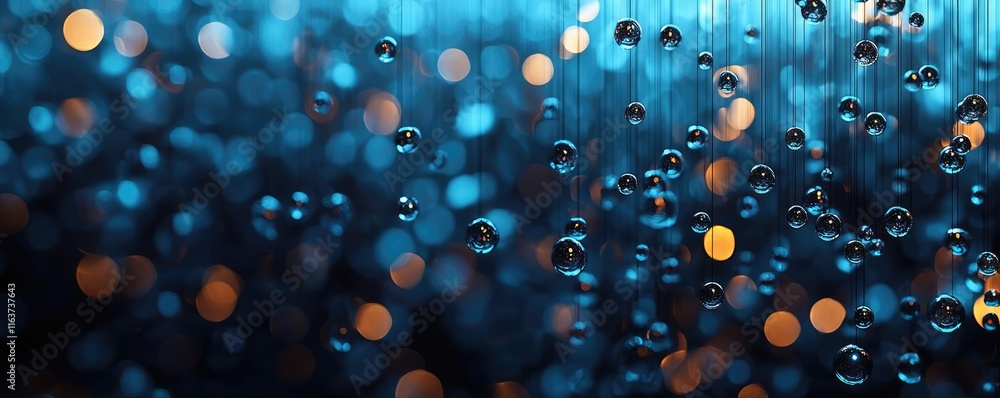 Poster splatter abstract background concept. a close-up view of shimmering droplets against a blue backgrou