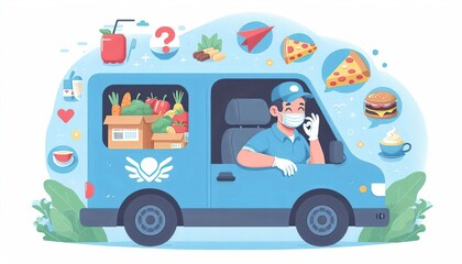 Fototapeta premium Delivery driver wearing face mask and gloves doing ok sign driving van full of groceries