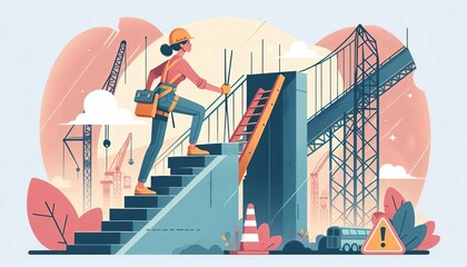 Female engineer climbing stairs at construction site of bridge with cranes and warning sign