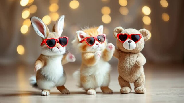 A dancing cat, bunny, and teddy bear wearing red heart-shaped sunglasses dancing. The background features floating hearts, creating a fun, playful, and cute atmosphere