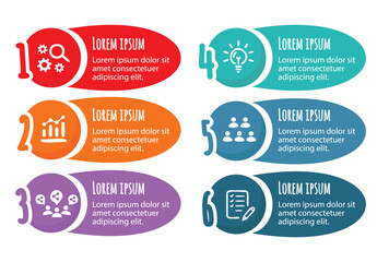 6 steps infographic template with 6 options. Flowchart that can be used for business report, data visualization and presentation. Timeline infographic elements vector illustration.