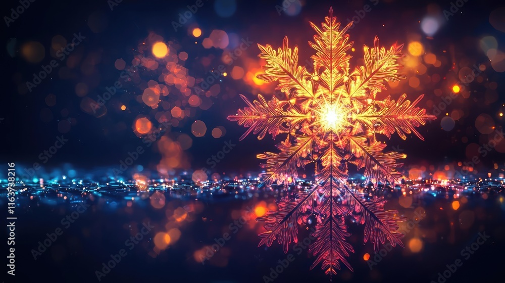 Poster snowflake abstract background concept. a vibrant and glowing snowflake illuminated against a dark, t