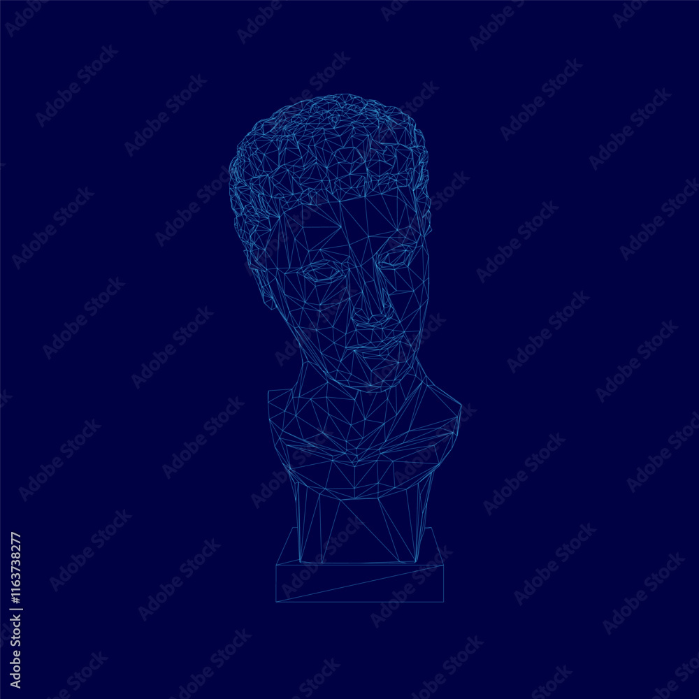 Poster blue background with a man's face in the center. the face is made up of lines and dots, giving it a 