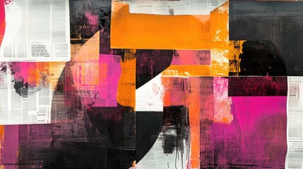 Abstract collage painting with orange, pink, and black shapes on newspaper texture.