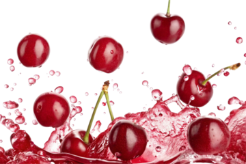 red cherries in splashing water wave isolated on transparent background