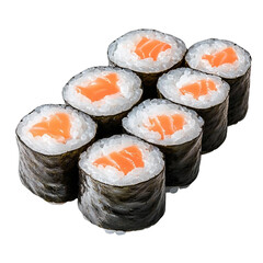 salmon maki sushi rolls on white background