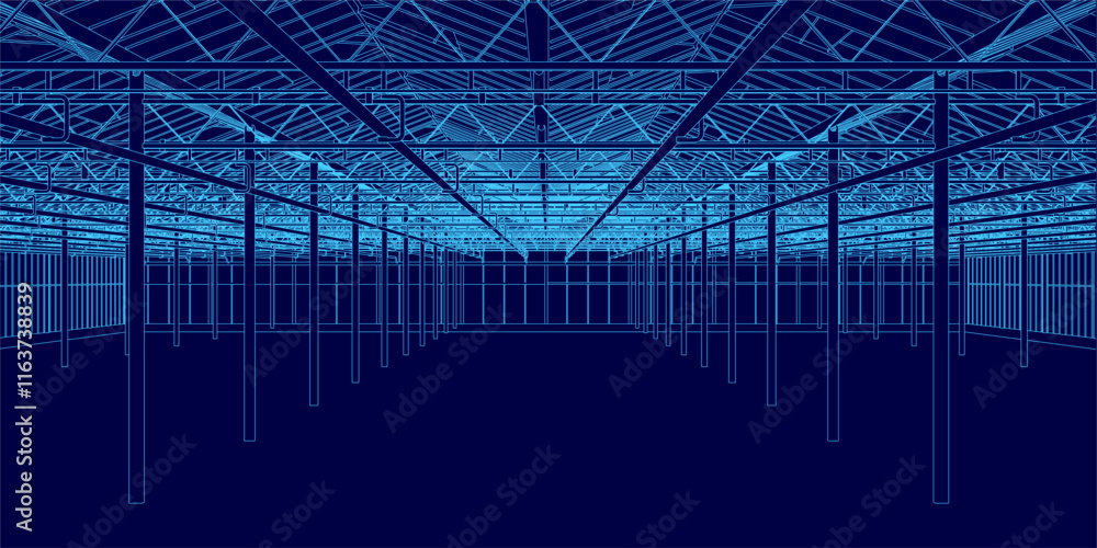 Poster the image is a representation of a large, empty building with a blue color scheme. the building appe
