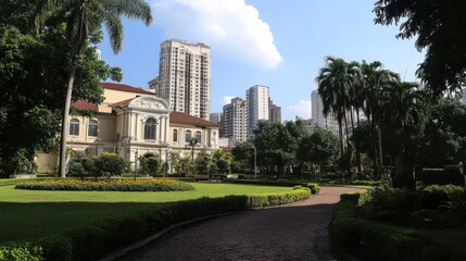 Obraz premium Colonial building in lush park with modern high-rises in background.