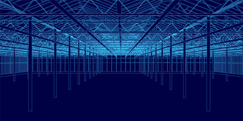 The image is a representation of a large, empty building with a blue color scheme. The building appears to be a large warehouse or industrial space, with many windows