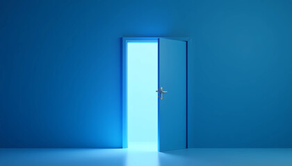 Naklejka premium A blue room featuring an open door, allowing bright light to illuminate the space, generative ai