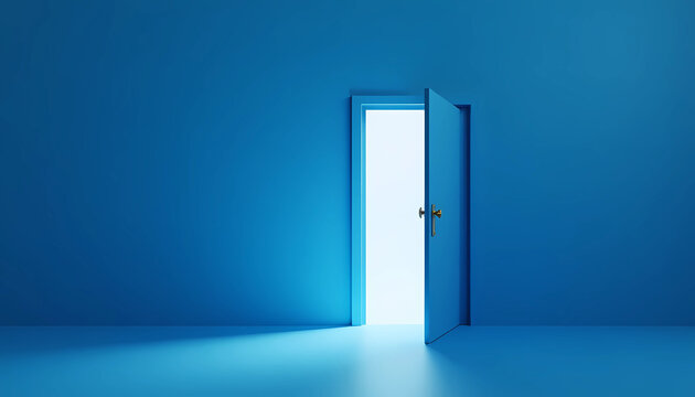 An open door in a blue room, with warm light streaming through, creating a welcoming atmosphere, generative ai