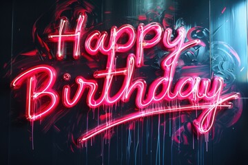 Bright neon sign that reads happy birthday, illuminated against a dark background, perfect for celebrations and party gatherings