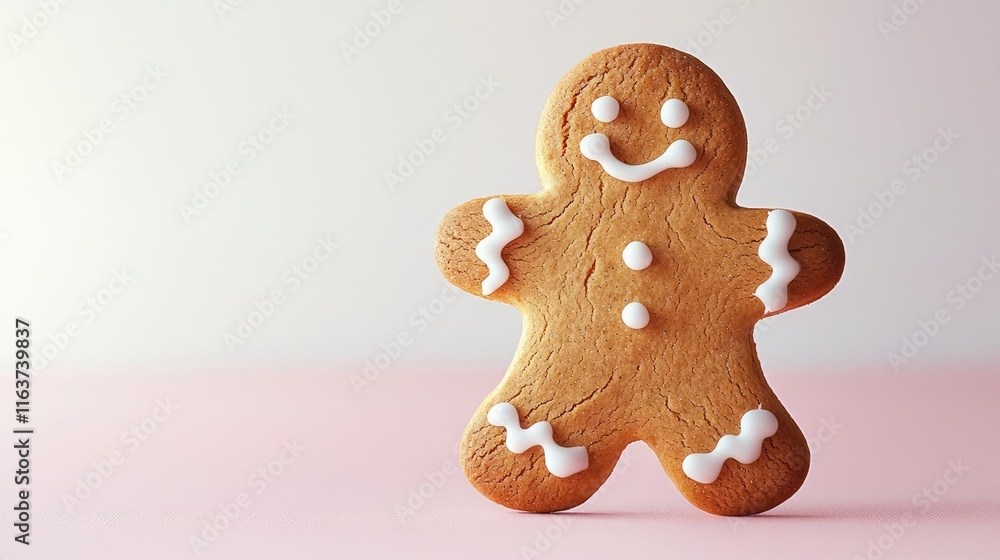 Poster minimal cookies idea. a cheerful gingerbread cookie with icing on a soft pink background.