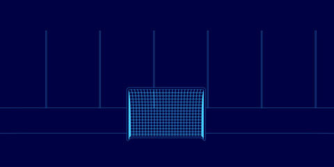 Blue image of a soccer field with a goal. The goal is surrounded by a fence © German Ovchinnikov