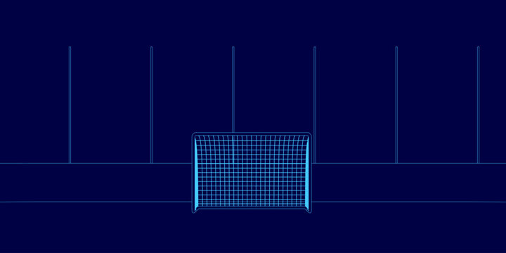 Blue image of a soccer field with a goal. The goal is surrounded by a fence - Powered by Adobe