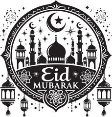 Eid Mubarak icon silhouette vector with white background