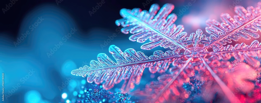 Poster snowflake abstract background concept. beautiful close-up of a vibrant snowflake with colorful light