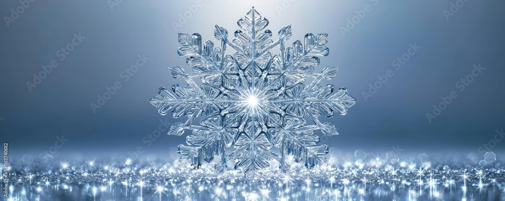 Poster snowflake abstract background concept. a beautiful, intricate snowflake surrounded by sparkling ice 
