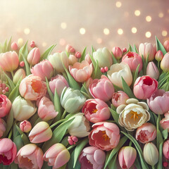 Fototapeta premium Border of natural delicate tulips in pastel colors on a pyrimetric background. Light haze. Lush tulips are the perfect canvas for a Valentine's Day text.